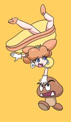 1girl blue_eyes brown_hair crown dress earrings fangs fangs_out flower_earrings gloves goomba grin headstand high_heels highres jewelry kirihoshi legs mario_(series) nintendo open_mouth orange_dress princess_daisy puffy_short_sleeves puffy_sleeves serious short_sleeves smile super_mario_run upside-down upskirt