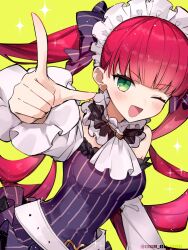 Rule 34 | 1girl, ;d, ascot, bare shoulders, belt, blunt bangs, bow, breasts, collar, detached sleeves, dress, foreshortening, frilled collar, frilled sleeves, frills, green background, green eyes, hair bow, happy, highres, index finger raised, indie virtual youtuber, l hand, langue de chat (vtuber), long hair, long sleeves, looking at viewer, maid headdress, off-shoulder dress, off shoulder, one eye closed, open mouth, osr 00 osr, outstretched arm, pink hair, pinstripe dress, pinstripe pattern, purple dress, small breasts, smile, solo, sparkle, twintails, upper body, white ascot, white belt, white sleeves