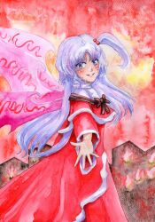 Rule 34 | 1312777, 1girl, absurdres, blue eyes, blush, bow, capelet, dress, hair bobbles, hair ornament, highres, long hair, makai (touhou), multiple wings, one side up, open mouth, outstretched hand, painting (medium), red dress, red eyes, ribbon, shinki (touhou), smile, solo, touhou, touhou (pc-98), traditional media, very long hair, watercolor (medium), white hair, wings