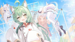 &gt;_&lt; :d absurdres ahoge akashi_(azur_lane) animal_ear_fluff animal_ears azur_lane blonde_hair breasts cat_ears cat_girl gem_(azur_lane) high_heels highres holding holding_letter large_breasts laughing letter light_blush long_hair looking_at_viewer official_alternate_costume official_art open_mouth prototype_bulin_mkii_(azur_lane) purple_hair sitting sleeves_past_fingers sleeves_past_wrists smile specialized_bulin_mkiii_(azur_lane) specialized_bulin_mkiii_(the_bulin_bringer_of_justice)_(azur_lane) thighhighs universal_bulin_(azur_lane) white_thighhighs yellow_eyes