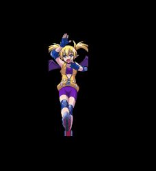 1girl akaga_hirotaka animated animated_gif arcana_heart ass blonde_hair blue_eyes blush demon_girl demon_wings earrings fangs female_focus fingerless_gloves gloves jewelry lilica_felchenerow long_hair lying one_eye_closed pain pointy_ears shiny_skin short_twintails solo spandex twintails wings wink zipper