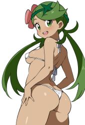 1girl :d ass back bikini breasts dark-skinned_female dark_skin ecgg_(tsuji418477) flower green_eyes green_hair green_headband hair_flower hair_ornament headband highres long_hair looking_at_viewer looking_back low_twintails mallow_(pokemon) micro_bikini nintendo open_mouth pokemon pokemon_sm simple_background small_breasts smile solo strap_gap swimsuit twintails very_long_hair white_background white_bikini