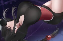 1girl absurdres alternate_breast_size black_hair bleach blue_eyes braid breasts choker cleavage collarbone highres huge_breasts japanese_clothes kimono kodokunogotoku kurotsuchi_nemu long_hair long_sleeves lying on_back red_choker short_kimono single_braid solo