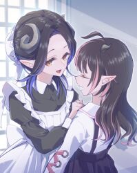 2girls adjusting_another&#039;s_clothes ahoge alternate_costume apron black_dress black_hair black_skirt blue_hair blunt_bangs brown_eyes buttons closed_eyes cowboy_shot curled_horns day demon_girl demon_horns dress enmaided grey_horns hebiyoi_tier highres horns juliet_sleeves kuzuhana long_hair long_sleeves looking_at_another maid maid_apron maid_day multicolored_hair multiple_girls nanashi_inc. oinomori_may oinomori_may_(2nd_costume) open_mouth parted_bangs pink_hair pointy_ears puffy_sleeves shirt sidelocks skirt smile suspender_skirt suspenders two-tone_hair virtual_youtuber white_apron white_shirt window