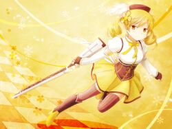 1girl arya_(tianhua) beret blonde_hair boots breasts checkered_floor commentary_request corset drill_hair full_body gun hair_ornament hat magical_girl magical_musket mahou_shoujo_madoka_magica mahou_shoujo_madoka_magica_(anime) medium_breasts pleated_skirt revision skirt smile solo striped_clothes striped_thighhighs thighhighs tomoe_mami tomoe_mami_(magical_girl) vertical-striped_clothes vertical-striped_thighhighs weapon yellow_eyes