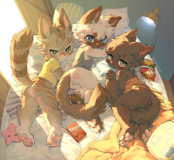 3boys angrygentoo animal_ears ass bag_of_chips black_fur blanket blue_eyes blush body_fur bottomless brand_name_imitation cat_boy cat_ears cat_tail claws curtains fang food furry furry_male green_eyes grey_fur highres korean_commentary lamp looking_at_viewer looking_back lying male_focus multiple_boys on_bed on_stomach open_mouth original pawpads pillow pocky shirt shota sidelighting sunlight tail tank_top toe_claws twitter_username whiskers white_fur window yellow_shirt
