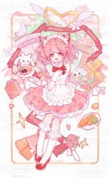 alternate_costume apron baguette bird bow bread broom bush buttons cake collared_shirt commission dove dress dress_shirt enmaided eyelashes flats flower food footwear_bow frilled_apron frilled_dress frilled_socks frills gift gloves hair_ribbon hand_on_own_chest highres holding holding_broom kaname_madoka kneehighs kyubey mahou_shoujo_madoka_magica mahou_shoujo_madoka_magica_(anime) maid maid_headdress medium_dress mizemengs open_mouth outside_border pillar pink_bow pink_dress pink_eyes pink_hair plate pleated_dress puffy_short_sleeves puffy_sleeves red_ribbon red_shoes ribbon sample_watermark shirt shirt_under_dress shoes short_hair short_sleeves short_twintails smile socks sparkle standing swiss_roll tachi-e tareme teeth too_many_watermarks twintails upper_teeth_only watermark white_apron white_background white_flower white_gloves white_shirt white_socks
