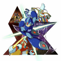 4boys android arm_cannon armor beard blonde_hair blue_armor blue_helmet cannon chest_jewel clenched_hands clenched_teeth dr._doppler_(mega_man) energy_sword facial_hair forehead_jewel full_body gloves green_eyes grey_hair grin helmet holding holding_sword holding_weapon jewelry long_hair male_focus mechanical_hands mega_man_(series) mega_man_x1 mega_man_x3 mega_man_x_(series) multiple_boys official_style robot robot_ears shoulder_armor shoulder_cannon sigma_symbol simple_background smile solid_eyes sparkle standing sword teeth upper_body very_long_hair vile_(mega_man) weapon white_background white_gloves wire x_(mega_man) z_saber zero_(mega_man)