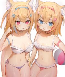 2girls absurdres animal_ear_fluff animal_ears bandaid bandaid_hair_ornament bare_shoulders blonde_hair blue_eyes blue_hair blue_hairband breasts cleavage collar crossed_bangs dog_ears dog_girl double-parted_bangs fake_horns fang fuwawa_abyssgard hair_between_eyes hair_intakes hair_ornament hairband hairclip highres hololive hololive_english horns large_breasts long_hair mococo_abyssgard multicolored_hair multiple_girls navel open_mouth pink_eyes pink_hair pink_hairband short_hair siblings sisters skin_fang small_breasts streaked_hair swimsuit szuukie thighs twins two_side_up virtual_youtuber x_hair_ornament