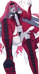 1girl absurdres agetama baobhan_sith_(fate) baobhan_sith_(first_ascension)_(fate) bare_shoulders blush boots breasts center_frills detached_collar detached_sleeves dress earrings fate/grand_order fate_(series) frills grey_eyes highres jewelry large_breasts long_hair looking_at_viewer open_mouth pink_hair pointy_ears red_boots red_dress sidelocks solo thigh_boots thighs tiara translation_request
