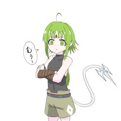 1girl ahoge arm_wrap bone_tail closed_mouth forehead_jewel green_eyes green_hair luicelia_superdia mushoku_tensei ponytail shorts solo speech_bubble timushokutensei