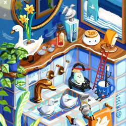 animal animal_focus artist_name bird black_cat cat cup faucet feathers flower indoors issiki_toaki ladder no_humans original plant potted_plant shelf sitting towel twitter_username water window yellow_flower
