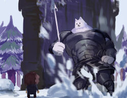 1other :3 ambiguous_gender armor black_eyes black_shoes blue_pants blue_shirt blue_sky brown_hair child closed_mouth commentary_request day dog forest frisk_(undertale) from_behind full_armor greater_dog holding holding_polearm holding_weapon long_sleeves medium_hair motion_blur nature outdoors pants pine_tree polearm quirrel_(gharnedanshyo) shirt shoes size_difference sky smile snow solid_oval_eyes spear striped_clothes striped_shirt tree undertale weapon winter