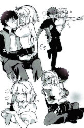 1boy 1girl ahoge archetype_earth archetype_earth_(cosplay) arcueid_brunestud bare_shoulders black_hair blush boots breasts carrying cosplay couple detached_sleeves dress glasses heart highres hug jacket monochrome numuhe pantyhose princess_carry shirt short_hair sitting sitting_on_lap sitting_on_person size_difference sweatdrop sweater tohno_shiki tsukihime tsukihime_(remake)