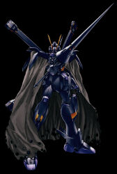 aoi_subaru black_background cape commentary_request crossbone_gundam crossbone_gundam_x-2 crossbone_vanguard gundam holding holding_weapon jolly_roger looking_at_viewer mecha mecha_focus mobile_suit robot science_fiction shot_lancer torn_cape torn_clothes v-fin weapon