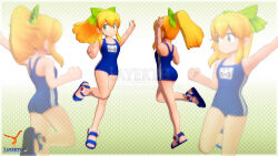 3d arm_up bare_shoulders blonde_hair blue_sandals clenched_hand green_background green_eyes green_ribbon hair_between_eyes happy jumping layerth long_hair looking_to_the_side mega_man_(series) one-piece_swimsuit polka_dot polka_dot_background ponytail ribbon roll_(mega_man) sandals school_swimsuit sidelocks smile swimsuit two-tone_background watermark white_background