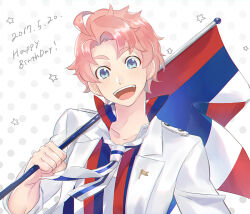 1boy blue_eyes collarbone dated dotted_background flag happy_birthday holding holding_flag idolmaster idolmaster_side-m jacket kabuto_daigo kojijima looking_at_viewer male_focus messy_hair necktie open_mouth pink_hair short_hair solo striped_necktie teeth upper_body upper_teeth_only white_jacket