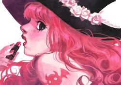 1girl arm_tattoo artist_name attyrocious blunt_bangs commentary english_commentary eyelashes flower hat hat_flower holding_lightstick long_hair one_piece open_mouth perona pink_hair pink_nails profile red_lips simple_background solo tattoo upper_body white_background