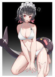 1girl 1other absurdres anger_vein bare_shoulders barefoot bikini black_background black_hair breasts cleavage collarbone ellen_joe fins fish_tail frilled_hairband frills hair_ornament hairband hand_on_another&#039;s_thigh highres kneeling large_breasts maid_headdress mole mole_under_eye muusn navel open_mouth pov red_eyes red_hair shark_girl shark_tail short_hair simple_background spiked_hairband spikes stomach swimsuit tail white_bikini zenless_zone_zero
