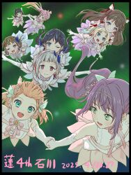 4th_live_dream_~bloom_the_dream_believers~ 6+girls :d ;d anyoji_hime armpit_crease aurora_flower_(love_live!) bangs_blown_up bare_shoulders black_hair blonde_hair blue_eyes blue_hair blue_ribbon blue_skirt blunt_bangs blunt_ends bob_cut braid brown_hair butterfly_hair_ornament center-flap_bangs closed_mouth commentary_request cross-laced_clothes cross-laced_top curtained_hair elbow_gloves flying fujishima_megumi gloves gradient_hair green_background green_eyes grey_hair hair_ornament hairband highres hinoshita_kaho inverted_bob kachimachi_kosuzu link!_like!_love_live! long_hair love_live! medium_hair momose_ginko multicolored_hair multiple_girls murano_sayaka myrain56991013 neck_ribbon official_alternate_costume one_eye_closed open_mouth orange_hair osawa_rurino otomune_kozue outstretched_arms parted_bangs pink_hair pink_ribbon pink_skirt pleated_skirt ponytail purple_eyes purple_hair purple_ribbon purple_skirt red_hair ribbon shirt short_hair short_sleeves side_braids side_ponytail sidelocks skirt sleeveless sleeveless_shirt smile split_mouth spread_arms streaked_hair teeth twintails two-tone_hair two_side_up upper_teeth_only v-shaped_eyebrows virtual_youtuber white_gloves white_hairband white_shirt yugiri_tsuzuri