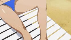 2girls animated animated_gif anime_screenshot arms_(studio) bikini black_hair blue_bikini breasts brown_hair chair cleavage closed_eyes huge_breasts kaneko_hiraku kouzuki_(valkyrie_drive) large_breasts lounge_chair lowres lying miyasato_(valkyrie_drive) multiple_girls navel short_hair small_breasts strapless strapless_bikini swimsuit thick_thighs thighs tight_clothes underboob valkyrie_drive valkyrie_drive_-mermaid- yellow_bikini