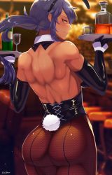 1girl absurdres animal_ears ass bar_(place) bar_stool bare_shoulders black_gloves blue_hair bottle buttslayer cup dark-skinned_female dark_skin detached_collar drinking_glass elbow_gloves fake_animal_ears fishnets from_behind gloves highres leotard long_hair looking_at_viewer looking_back muscular muscular_female original pantyhose playboy_bunny ponytail rabbit_ears scar scar_on_face scar_on_nose shot_glass solo stool tray wine_bottle wine_glass wrist_cuffs