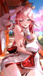 1girl animal_ears arm_under_breasts arm_up blurry blurry_background blush breasts cherry_blossoms chopsticks day detached_sleeves earrings floral_print genshin_impact hair_between_eyes highres holding hominamia japanese_clothes jewelry large_breasts long_hair looking_at_viewer miko outdoors parted_lips pink_eyes pink_hair sideboob solo swea tassel tree wide_sleeves yae_miko