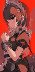 1girl absurdres black_hair candy chain colored_inner_hair commentary ellen_joe fins fish_tail food hair_ornament highres holding holding_candy holding_food holding_lollipop lollipop looking_at_viewer maid maid_headdress mole mole_on_arm mole_under_eye multicolored_hair pink_hair polka_dot_hair puffy_short_sleeves puffy_sleeves red_background red_eyes rindou_ringdong shark_girl shark_tail short_sleeves simple_background solo tail two-tone_hair x_hair_ornament zenless_zone_zero