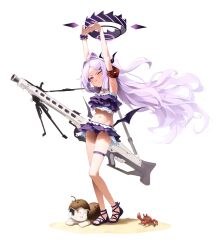 1boy 1girl ahoge alternate_costume armband armpits bikini bikini_skirt blue_archive blush coconut crab dat_(dat14382) demon_girl demon_horns demon_wings doodle_sensei_(blue_archive) forehead frilled_bikini frills gun highres hina_(blue_archive) holding holding_gun holding_weapon horns loli long_hair looking_at_viewer machine_gun mg42 navel one_eye_closed parted_bangs parted_lips purple_eyes purple_hair purple_sandals red_armband sandals sensei_(blue_archive) sidelocks standing stomach stretching swimsuit thigh_strap weapon wings