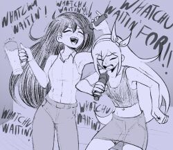 Rule 34 | 2girls, :d, ^ ^, arm up, aubrey (faraway) (omori), aubrey (omori), bare arms, bare shoulders, bow hairband, cabronpr, clenched hand, closed eyes, collarbone, collared shirt, commentary, cowboy shot, cup, denim, denim skirt, double-parted bangs, english commentary, english text, fingernails, greyscale, hair behind ear, hair between eyes, hairband, hand up, highres, holding, holding cup, holding microphone, liquid, long hair, mari (faraway) (omori), mari (omori), microphone, midriff, monochrome, multiple girls, music, omori, open mouth, pants, shirt, shirt tucked in, shorts, shorts under skirt, singing, skirt, sleeveless, sleeveless shirt, smile, tank top, teeth, tongue, upper teeth only