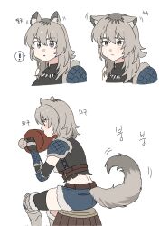 ... 1girl animal_ears armor blue_shorts blush boned_meat closed_mouth commentary_request eating food girls_band_cry grey_eyes grey_hair habsida_(habsida_hpy) highres jewelry kawaragi_momoka kemonomimi_mode korean_commentary long_hair meat multicolored_hair necklace parted_lips roots_(hair) shorts simple_background sitting spoken_ellipsis tail tooth_necklace white_background wolf_ears wolf_girl wolf_tail