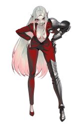1girl absurdres armor armored_boots asymmetrical_armor boots breasts breasts_apart commentary english_commentary eyeshadow fingernails forehead formal_clothes full_body gauntlets gemi_ningen gradient_hair grey_hair grin hands_on_own_hips highres jacket leaning_forward legs_apart long_hair makeup medium_breasts multicolored_hair nail_polish navel open_clothes open_jacket original pale_skin pants parted_bangs partially_unbuttoned pauldrons pink_hair pointy_ears red_boots red_eyes red_jacket red_nails red_pants red_suit rimworld sharp_fingernails sharp_teeth shoulder_armor simple_background single_boot single_gauntlet single_pauldron smile solo standing stomach suit teeth tsurime v-shaped_eyebrows vampire very_long_hair white_background