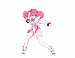 1girl animated animated_gif boots elbow_gloves female_focus gloves gun holster holstered kicking leotard long_hair lowres magical_angel_fairy_heart official_art pink_eyes pink_hair solo spinning spinning_bird_kick split thighhighs twintails umai_neko upside-down weapon white_thighhighs