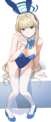 1girl animal_ear_hairband animal_ears aqua_bow aqua_bowtie blonde_hair blue_archive blue_eyes blue_halo blue_leotard bow bowtie braid breasts detached_collar fake_animal_ears full_body hairband half_up_braid halo highleg highleg_leotard highres kinashi_itsuki leaning_forward leotard long_hair medium_breasts multicolored_hair official_alternate_costume playboy_bunny rabbit_ears simple_background solo strapless strapless_leotard streaked_hair thighhighs toki_(blue_archive) toki_(bunny)_(blue_archive) white_background white_thighhighs white_wrist_cuffs wrist_cuffs