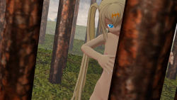 1girl 3d alice blonde_hair blue_eyes female_focus forest nature nude outdoors plant solo