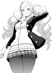 1girl clash_kuro_neko closed_mouth eyelashes greyscale hair_ornament hairclip highres hood hood_down hoodie jacket long_hair looking_at_viewer monochrome open_clothes open_jacket pantyhose persona persona_5 plaid_clothes plaid_skirt school_uniform shuujin_academy_school_uniform skirt smile solo takamaki_anne twintails