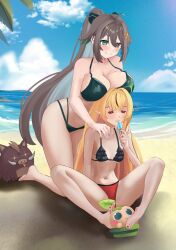 Rule 34 | 1girl, bikini, blonde hair, breasts, brown eyes, brown hair, chromashift, elf, estebaneishon1, female focus, green eyes, hag, long hair, meica05, meica (vtuber), multicolored hair, necromancer, pointy ears, red eyes, red hair, ruby runeheart, small breasts, solo, solo focus, swimsuit, two-tone hair, virtual youtuber, vtuber fanart, witch
