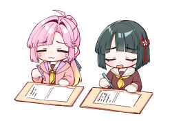 Rule 34 | 2girls, :3, ahoge, anyoji hime, black ribbon, blonde hair, blunt bangs, blunt ends, blush, bob cut, brown dress, closed eyes, deformed, dress, facing viewer, flower, flower knot, gradient hair, hair flower, hair intakes, hair ornament, hair ribbon, hasu no sora school uniform, highres, holding, holding pencil, hood, hooded jacket, jacket, link! like! love live!, long hair, long sleeves, love live!, mechanical pencil, momose ginko, multi-tied hair, multicolored hair, multiple girls, neckerchief, open clothes, open jacket, open mouth, pencil, pink hair, pink jacket, ponytail, raised inner eyebrows, ribbon, sailor collar, sailor dress, school uniform, short hair, two-tone hair, virtual youtuber, white flower, white sailor collar, winter uniform, yellow neckerchief, zangemiya