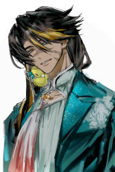 Rule 34 | 1boy, animal, animal on shoulder, asymmetrical hair, bird, bird on shoulder, black hair, blonde hair, blue eyes, dark-skinned male, dark skin, fate/grand order, fate (series), hair between eyes, hair ornament, highres, huang feihu (fate), huang feihu (fgo fes. 2025) (fate), jacket, long hair, looking at viewer, male focus, mi-atidueuzair, multicolored hair, scar, scar on face, scar on nose, shirt, simple background, smile, solo, streaked hair, upper body, white background
