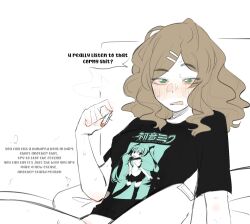 Rule 34 | 2girls, black shirt, blush, brown hair, chappell roan, cigarette, commentary, eighth note, english text, green eyes, hair ornament, hairclip, hatsune miku, highres, holding, holding cigarette, long hair, marijuana, multiple girls, musical note, open mouth, original, pockiseisont, shirt, short sleeves, simple background, smoking, speech bubble, sweat, tribadism, vocaloid, white background, yuri