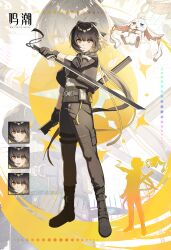 1girl abby_(wuthering_waves) absurdres ashamutoki black_boots black_bow black_gloves black_hair black_jacket black_pants boots bow breasts closed_mouth colored_inner_hair commentary cosplay female_rover_(wuthering_waves) gloves hair_bow highres holding holding_sword holding_weapon jacket logo looking_at_viewer male_rover_(wuthering_waves) male_rover_(wuthering_waves)_(cosplay) medium_breasts multicolored_hair pants rover_(wuthering_waves) sleeves_rolled_up solo sword weapon wuthering_waves yellow_eyes