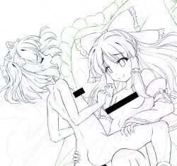 Rule 34 | 1futa, 1girl, ass, bar censor, bow, breasts, censored, censored nipples, chima q, closed eyes, commentary, commission, completely nude, cowgirl position, detached sleeves, fang, flat chest, frilled bow, frilled pillow, frills, futa with female, futanari, girl on top, hair bow, hair tubes, hakurei reimu, hand on another&#039;s ass, hand on another&#039;s thigh, happy sex, highres, implied futanari, implied sex, lineart, long hair, long sleeves, looking at another, lying, medium breasts, nude, on back, open mouth, pillow, ribbon-trimmed sleeves, ribbon trim, short hair, shoulder blades, skeb commission, smile, straddling, sunny milk, touhou, twintails, wide sleeves