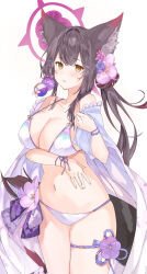 1girl absurdres animal_ear_fluff animal_ears arm_under_breasts bare_shoulders bead_bracelet beads bikini blue_archive blue_bow blush bow bracelet breasts brown_hair cleavage collarbone commentary_request cowboy_shot flower flower_bikini fox_ears fox_girl fox_tail hair_between_eyes hair_bow hair_flower hair_ornament halo halterneck hand_up highres jewelry large_breasts long_hair looking_at_viewer low_ponytail navel official_alternate_costume official_alternate_hairstyle parted_lips pink_flower ponytail purple_bow purple_flower red_halo sidelocks simple_background solo swimsuit tail thigh_strap user_nkpj5484 wakamo_(blue_archive) wakamo_(swimsuit)_(blue_archive) white_background white_bikini yellow_eyes