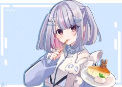 1girl blue_background breasts brown_eyes cake cake_slice commentary_request food fork grey_hair grey_jacket hair_ornament hairclip heart heart_hair_ornament highres holding holding_fork jacket jersey_maid long_sleeves looking_at_viewer maid multicolored_hair pink_hair plate puffy_long_sleeves puffy_sleeves rabbit_hair_ornament rino_cnc short_eyebrows sleeves_past_wrists small_breasts solo streaked_hair thick_eyebrows tosaki_mimi two-tone_hair two_side_up unconventional_maid upper_body virtual_youtuber vspo!