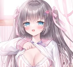 1girl :d blue_eyes blurry blurry_background blush bow bra breasts brown_hair clothes_lift commentary_request depth_of_field hair_between_eyes hair_bow hair_ornament heart heart_hair_ornament kohinata_hoshimi lifting_own_clothes long_hair long_sleeves looking_at_viewer medium_breasts open_mouth original pink_bow pink_sailor_collar puffy_long_sleeves puffy_sleeves purple_bow sailor_collar school_uniform serafuku shirt shirt_lift sleeves_past_wrists smile solo striped_bra striped_clothes two_side_up underwear vertical-striped_bra vertical-striped_clothes very_long_hair white_shirt