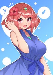 1girl bare_shoulders blue_dress blue_eyes breasts chest_jewel commentary_request core_crystal_(xenoblade) dress highres large_breasts osora_(judithandlilith) pyra_(xenoblade) red_eyes red_hair simple_background sleeveless sleeveless_dress solo tiara xenoblade_chronicles_(series) xenoblade_chronicles_2