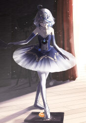 1girl absurdres ahoge ascot backstage ballet ballet_slippers black_ascot blue_brooch blue_eyes blue_gemstone blue_ribbon dress furina_(genshin_impact) gem genshin_impact gloves highres holding_hands looking_down multicolored_hair pantyhose ribbon solo strapless strapless_dress tutu two-tone_hair user_zjcz2434 white_pantyhose