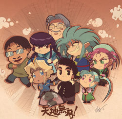 Rule 34 | 3boys, 6+girls, bag, black eyes, black hair, blue eyes, blue hair, closed eyes, cloud, computer, dress, everyone, glasses, gradient background, green eyes, grey hair, gun, hair ornament, hakubi washuu, hat, japanese clothes, kimono, kuramitsu mihoshi, long hair, looking at viewer, lord philman, masaki aeka jurai, masaki nobuyuki, masaki sasami jurai, masaki tenchi, masaki youshou jurai, multiple boys, multiple girls, pink eyes, purple eyes, purple hair, red hair, ryou-ouki, ryouko (tenchi muyou!), school bag, school uniform, smile, standing, tenchi muyou!, very long hair, weapon, yellow eyes
