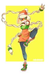 1girl 3d_rod! arms_(game) artist_name beanie blonde_hair bob_cut bracelet eye_mask green_eyes green_shoes hat highres jewelry leggings leggings_under_shorts min_min_(arms) orange_shirt orange_shorts orange_socks outside_border shirt shoes short_hair shorts sneakers socks solo standing standing_on_one_leg stretched_limb