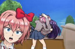 3girls :o blue_eyes bow day doki_doki_literature_club from_behind grey_jacket hair_between_eyes hair_bow hair_ornament hairclip jacket kneehighs lazytown long_sleeves looking_at_viewer miniskirt multiple_girls natsuki_(doki_doki_literature_club) outdoors pink_hair pleated_skirt portrait purple_hair red_bow samdoja sayori_(doki_doki_literature_club) scene_reference short_hair skirt socks teeth tree upper_teeth_only white_socks yuri_(doki_doki_literature_club)